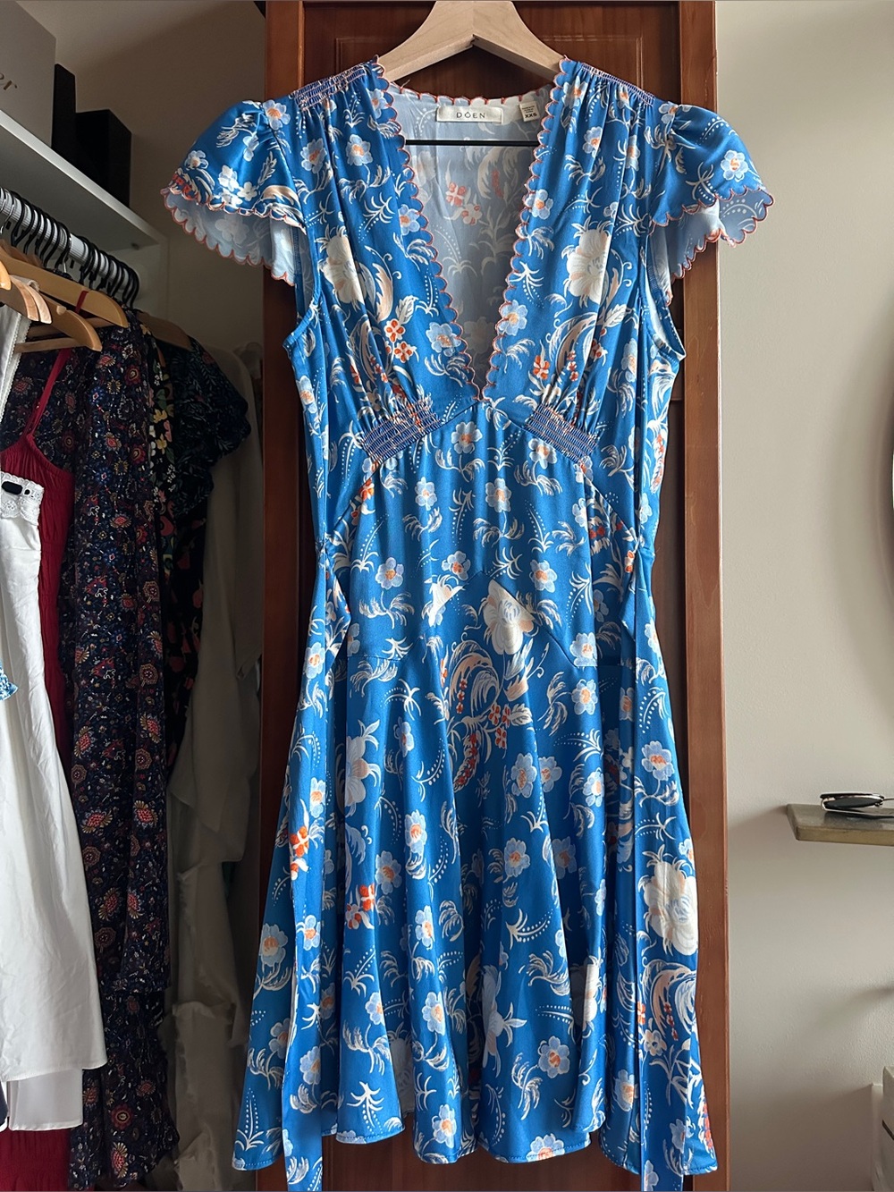 Doen Floral Blue Silk V-Neck Flutter Sleeve Mini Dress XXS